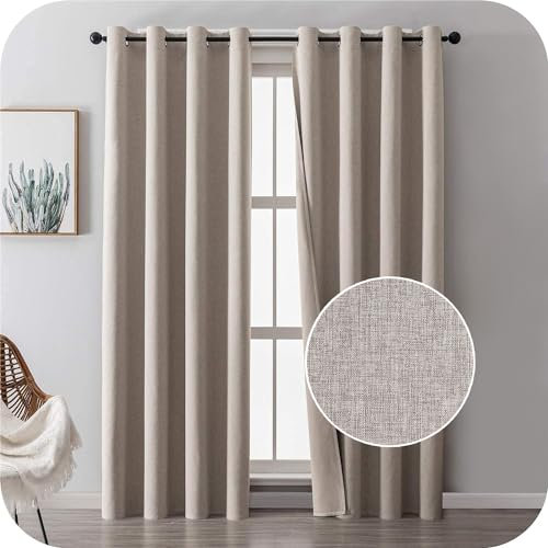 MRTREES Vorhang Blickdicht Thermo Gardinen mit Ösen 100% Verdunklungsvorhang Ösenschal Vorhänge Leinen kurz Beige 137×167cm(H×B) für Wohnzimmer Kinderzimmer Schlafzimmer 2er Set