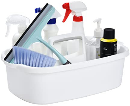 ALINK Cleaning Caddy with Handle, Large Plastic Shower Caddy Basket Organizer for Car, Dorm, Bathroom, Garden, Kitchen, Cleaning Supplies – White