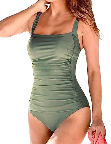 Husmeu Swimming Costume Women's Vintage Padded Push up One Piece Swimsuits Tummy Control Bathing Suits Swimwear Army Green XL