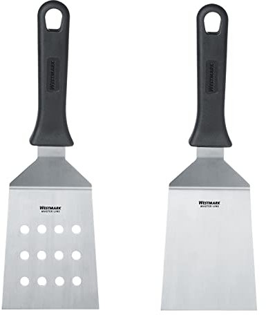 Westmark Set, 2tlg.: 2 Profi-Wender/Grill-Spachtel (Gewinkelt, Starr) mit gelochter und geschlossener Klinge, Rostfreier Edelstahl/Kunststoff, Master Line, Schwarz/Silber, 134422E6