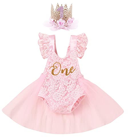 Baby Girls My 1st Birthday Party Tutu Dress Ruffle Sleeve Lace Jumpsuit Romper Bodysuit First Birthday Photography Cake Smash Outfit Headband Mesh Gift Pink - with Headband 12-18 Months