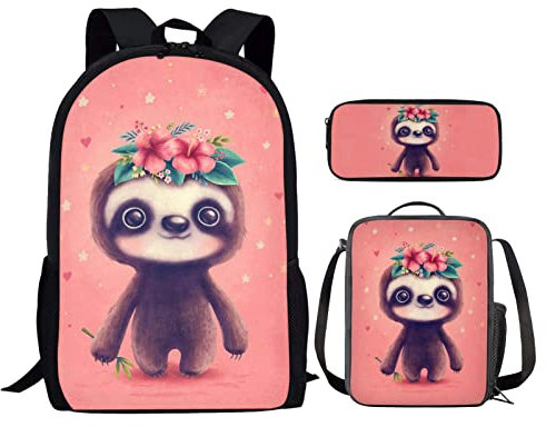 HELLHERO 3 IN 1 Cute Sloth Backpack Kids School Bag Set with Lunch Bags Pencilcase for School Boys Girls Bookbag Elementary Preschoolder Kinder Rucksack Travel Daypack Hiking Camping Picnic