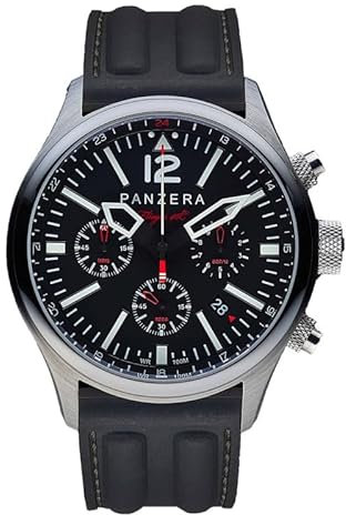 Panzera Flieger 46 Chronograph Quarzo Acier Noir Silicone Pilot Rouge Data Montre Homme