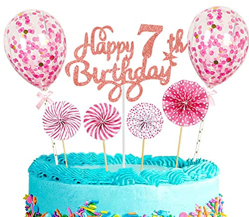 CAM2 Happy Birthday Tortendeko Geburtstag Mädchen, Tortendeko 7. Kuchen Topper Happy 7th Birthday Rosa Gold, Glitzer Kuchen Dekoration Glitter Kuchen dekorieren und Luftballons