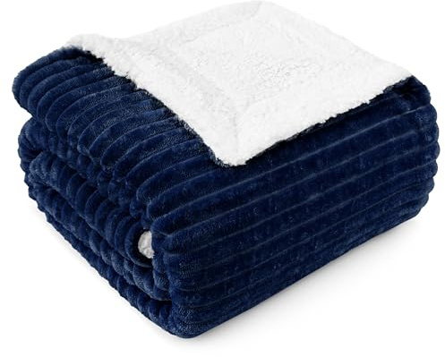 PAVILIA Navy Sherpa Fleece Throw Blanket for Couch, Soft Plush Fuzzy Blankets, Fluffy Flannel Sherpa Blanket for Sofa, Warm 3D Ribbed Winter Blanket Gift, 50x60 inches