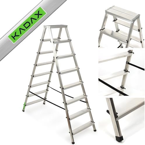 KADAX Escalera de Doble Cara de Aluminio con 8 Peldaños Antideslizantes, Capacidad de Carga de 125 kg, Plataforma de Trabajo y Diseño Plegable (165.5 x 53 cm)