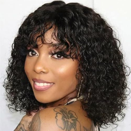 FASHION IDOL Bob Curly Echthaar-Perücken mit Pony Jerry Curl Bob Perücken Echthaar Brasilianische Virgin Echthaar Keine Lace Front Perücken für Frauen