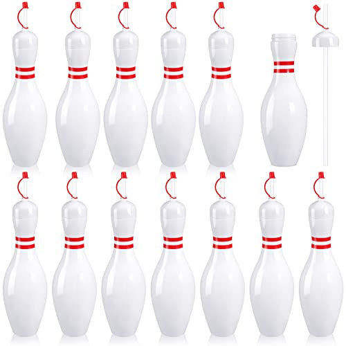 Bowling-Pin-Wasserflaschen mit Trinkhalmen und Deckel, 758 ml, Kunststoff, wiederverwendbar, Bowling-Pin-Becher, Bowling-Party-Gastgeschenke für Kinder, Geburtstag, Party, Trinkdekoration (12 Set)