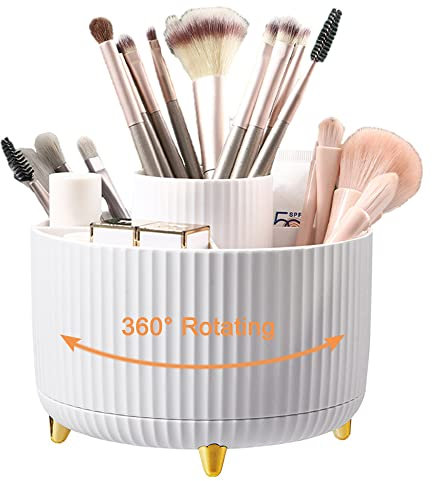 NUODWELL Um 360 ° drehbarer Make-up-Organizer, kreativer Make-up-Pinselhalter mit 5 Fächern, Schreibtisch-Organizer Stifthalter für Kommode, Schlafzimmer, Badezimmer, Büro (weiß)