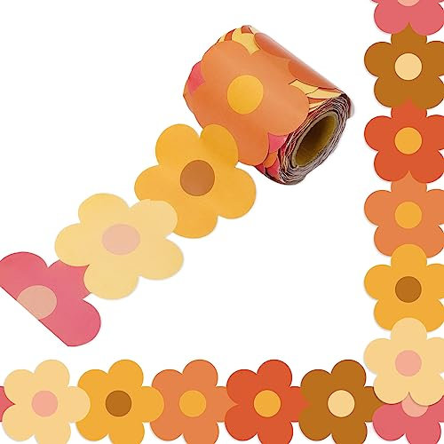 Whaline 10 m groovige Retro Hippie Blume Pinnwand Bordüren Boho Blume gestanzte Pinnwand Blumenform gerollte Pinnwand Trim für Schule Klassenzimmer Büro Kreidetafel Dekoration