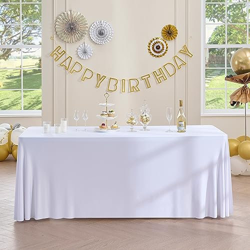 HBBMAGIC 1 Stücke Weiß Spandex Rechteckig Tischdecke für 1.8m Rechteck Tische Dehnbare 3-Wege Wiss Tischdecke für Vendor Display Birhtday Party Hochzeitsempfang