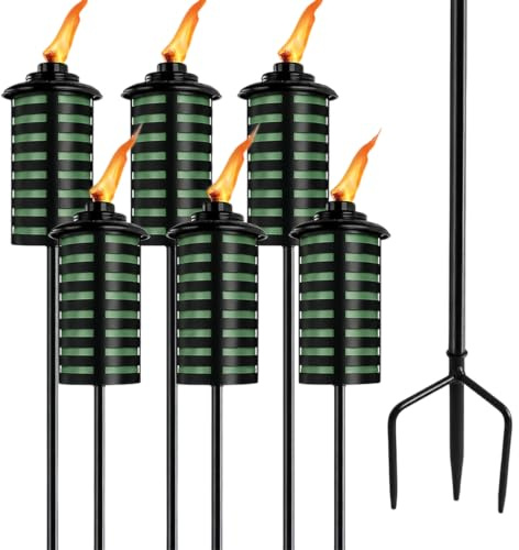 FAN-Torches Gartenfackel, 473 ml, grüne Metallfackel, Gartendekoration, 150 cm, verbesserte Citronella-Fackeln mit 3 Zinken, Erdungspfahl, Metall-Lichtfackeln für Party, Terrasse, Weg, 6 Stück