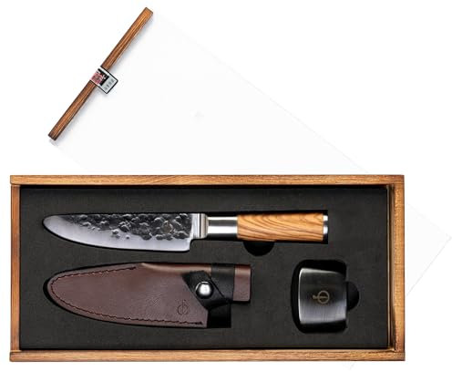 Forged Olive - Set di coltelli da cucina per bambini, 12 cm, 3 pezzi, coltello da cuoco, protezione per le dita, paralame, in scatola di legno