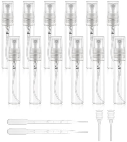 Sprühflasche Glas Klein, 12 Stück Zerstäuber Sprühflasche mit 2 Tropfer, 2 Strohhalm, Nachfüllbar Sprayflasche Leer, Reise Parfumzerstäuber Transparente für Wasser, Alkohol, Parfüm (5ml)