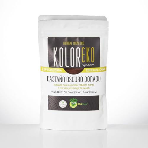 KOLOREKO Tinte natural CASTAÑO OSCURO DORADO - Pack DÚO especial canas - precolor DORADO + tinte CASTAÑO OSCURO
