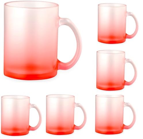noTrash2003 Lot de tasses à café, tasses à café, verres à thé, anse en verre borosilicate incassable satiné mat – Dégradés de couleurs joyeux 350 ml, lot de 5 ou 6 verres colorés purs (6 x rouges)