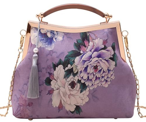 YeBon Sac à bandoulière brodé en soie pour femme pour mariage, fête, banquet (e), Ros violets