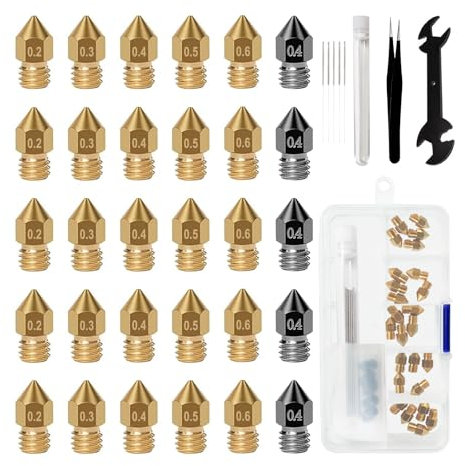 iMetrx 30PCS 3D Drucker Düsen MK8,5x 0,4mm Gehärtetem Stahl düsen +5x(0,2mm 0,3mm 0,4mm 0,5mm 0,6mm) Messing düsen + Reinigungsset,für 3D Drucker Anycubic Mega/Creality CR-10/Ender