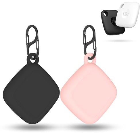 FGERWZ [2 Pack] Silicon Case for Tile Mate 2022 Tracker with Keychains, Tile Mate Holder Anti Lost Hidden Full Cover, Waterproof Tile Mate Case for Keys, Bags, Cat Dog Collar Holder (Black+Pink)