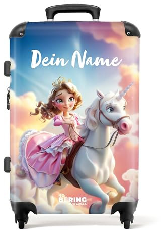 NoBoringSuitcases.com Kinderkoffer, Koffer Personalisiert, Koffer Groß, Kinderkoffer Mädchen, TSA, Reisetrolley, Koffer 20kg Gepäck, Koffer Mittelgroß (Prinzessin, Einhorn - Rosa-Weiß, 67 cm - 72 L)