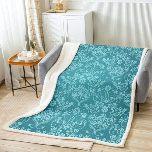 Homemissing Erwachsene Teal Vintage Damask Floral Wohndecke Oriental Antique Gotik Bohemia Boho Blumen Decke 150x200cm Böhmisch Exotisch Kuscheldecke für Sofa