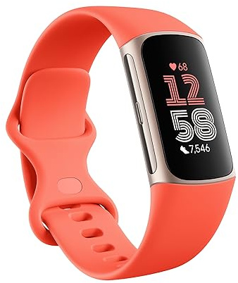 Fitbit Charge 6 Fitness Tracker with Heart Rate, GPS, Premium Membership, and Health Tools - Gold Case w/ Red Band, 1.04 Screen (Renewed)