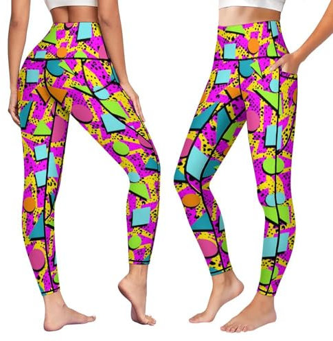 AuHomea Leggings mit 2 Taschen für Damen, hohe Taille, Bauchkontrolle, Workout, Laufen, Yogahose für Mädchen, Retro 80er Vintage 90er Jahre, XX-Large