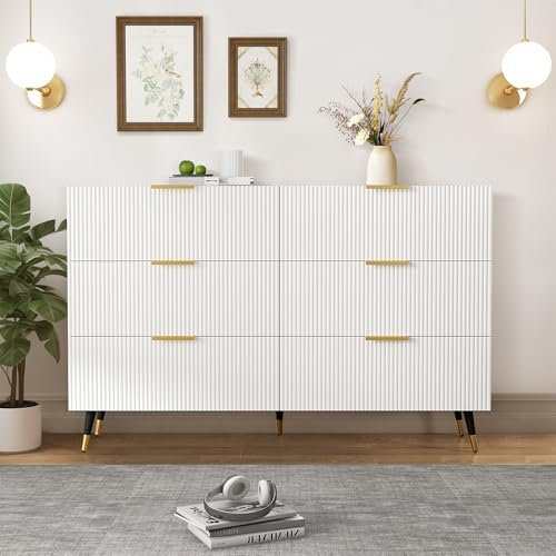 Wyibwy Modernes Sideboard mit 6 Schubladen und großem Stauraum, für Wohnzimmer, Esszimmer, Flur, Anrichte Wohnzimmer 120 x 40 x 77 cm, Weiß