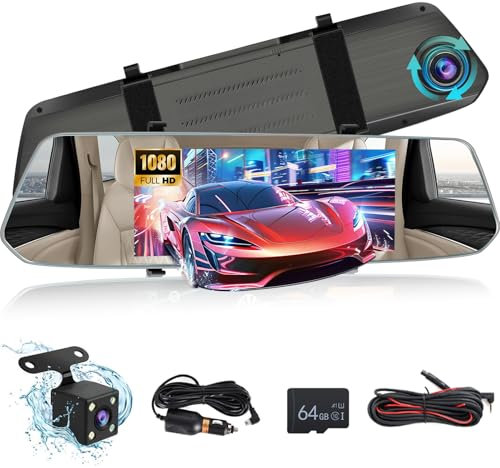 Rückspiegelkamera für Auto mit 64G TF Karte, 7 Zoll 1080P Full HD Touchscreen/Loop Recording / 150° Weitwinkel/Night Vision/G-Sensor/24-Stunden Bewegungserkennung/Parkhilfe + Rückfahrkamera