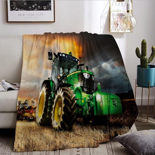 HZVRTN Grüne Kuscheldecke Traktor 130×150 cm, weiche Plüschdecke im ländlich ländlichen, wolkigen Stil,Teenager und Erwachsene, Landhausstil Wurfdecke für Bett und Couch