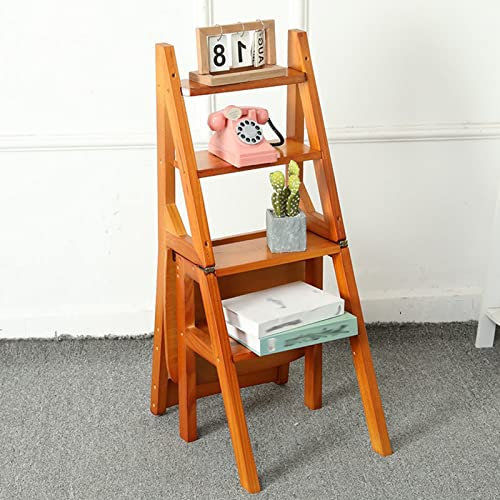 Folding Stepladder Foot Stool Wooden Stool 4 Steps - Multifunctional Foldable Step Stool for Home Kitchen Library - Wooden Ladder Chair with Folding Stairs