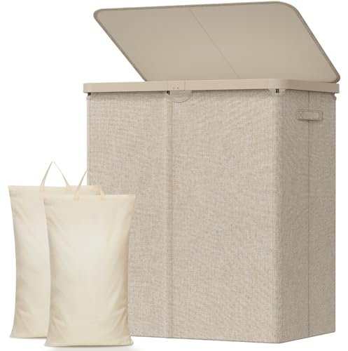 Lifewit Panier a Linge 2 Compartiment 145L, Corbeille a Linge Plastique avec Couvercle, Grand Bac a Linge avec Plastique Poignées et Double Sacs Amovibles pour Chambre, Salle de Bain, Buanderie, Beige