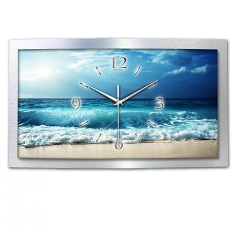 Kreative Feder 3D Designer-Wanduhr Ocean in modernem Metallic-Design; leise Quarzuhr mit Meer Motiv wahlweise in Zwei Größen (WAA056, 50x30cm; leises Quarzuhrwerk)