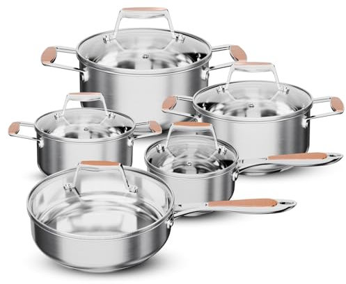 Cinrox Edelstahl-Kochgeschirr-Set, 5-lagig, Töpfe und Pfannen, 10-teilig, Bratpfanne, Stielkasserolle, Soßentöpfe, ungiftig, 18/8, spülmaschinenfest