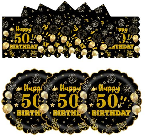 HFBOBP Pack of 50 50th Birthday Party Paper Plates and Napkins, 17.78 cm Disposable Black and Gold Scalloped Dessert Party Plates Party for Wedding Anniversary Decorations