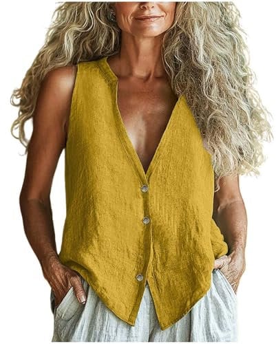 Cotton Linen Shirts Tank Tops for Women UK Clearance, Button Down V-Neck Vest Ladies Plain Cotton-Linen Sleeveless Tshirts Lightweight Breathable Blouses 2025 Summer Loose Fit Tee Shirt Yellow