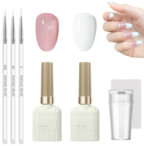 Pink French Manicure Kit - 2PCS Gel Nail Polish Set - Jelly Pink White Nail Polish French Nail Tool Set with Nail Stamper - Inside 3PCS Thin Nail Art Brushes UV Lamp Required Nail Art