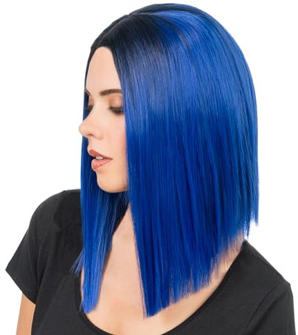 Chaks - Perücke für Damen, 40 cm Bob glatt, blau mit schwarzem Ansatz, für Karneval, Cosplay, Festival und Party