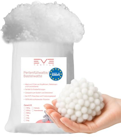 EVE Textile® 100 g Perlen-Füllwatte für Kissen; Faserbällchen Füllmaterial & Stopfmaterial, Bastelwatte, Füllung für Stofftiere, Kuscheltiere; Öko-Tex 100 Zertifiziert, 95°C waschbare Kissenfüllung