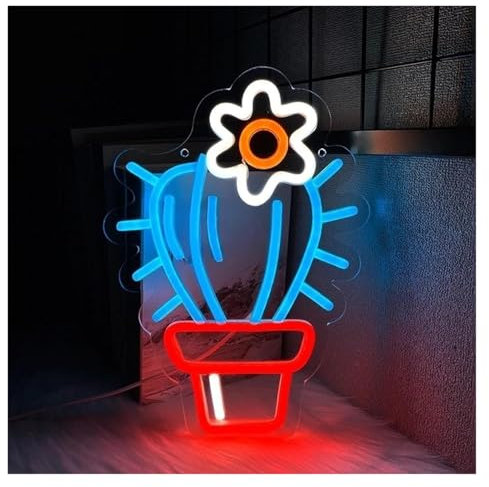 HUANTY Decoración de Fiesta con Letrero de neón Letrero De Neón con Cactus En Maceta, Icono LED De Flor, Alimentado por USB, Ideal para Fiestas En Clubes Y Decoración De Floristerías 22cmx31cm