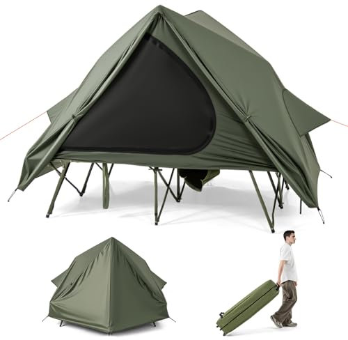COSTWAY Feldbett mit Zelt für 2 Personen, Campingbett mit Regenschutz, 2 Netztüren, Fenster & Rolltasche, Campingliege, 300 kg Tragkraft, 204 x 128 x 161 cm