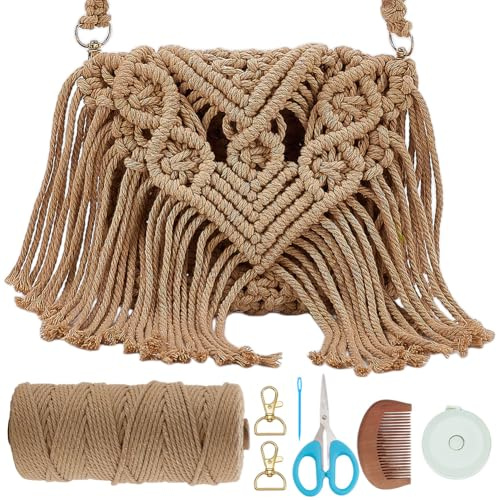 WEBEEDY DIY Makramee Taschen Set Crossbody Tasche Bastelset Für Erwachsene Anfänger DIY Knoten Handtaschen Kit Mit Video Anleitungen 3mm Makramee Schnur Werkzeuge Stranddeko
