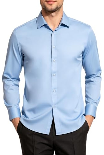 Mauro Kane Camicia Uomo No Stiro Manica Lunga - Camicia Elegante da Uomo con Una Lucentezza Tenue, Regular Fit Business Casual, Antipiega con Bottoni Blu XXL
