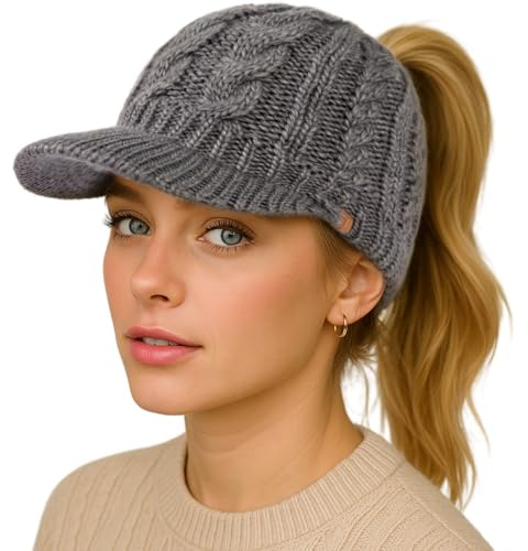 TOP-EX ChicPony™ Merino Wolle Ponytail Strickmütze mit Schirm 3 Zopföffnungen Fleece Gefüttert Warme Winddichte Wintermütze Damen