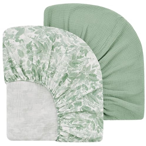 Yukkidds 2er Set Spannbettlaken 70x140cm Musselin 100% Baumwolle Bettlaken für Babybett & Kinderbett weiches Spannbetttuch für Matratze & Beistellbett Grünes Blatt
