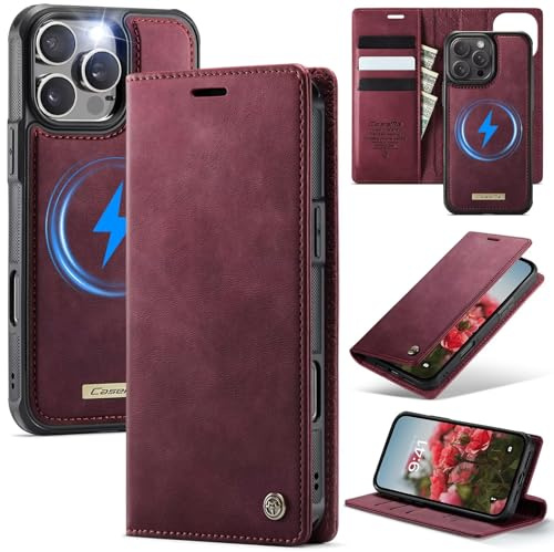 Belzsxy Hülle für iPhone 11 Pro 5,8, Echtleder Handyhülle [Abnehmbar] [Kabelloses Laden] [3 Kartenfach] [Ständer] [RFID Blocker] [Handy-Ösen] 2 IN 1 Magnet Klapphülle - Rot