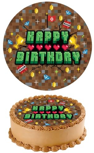 Adorno para Tarta Cumpleaños de Píxeles, 14cm Redondo Dibujos Animados Píxeles Comestible para Decoración de Tartas y Cupcakes Oblea Comestible para Fiesta Cumpleaños