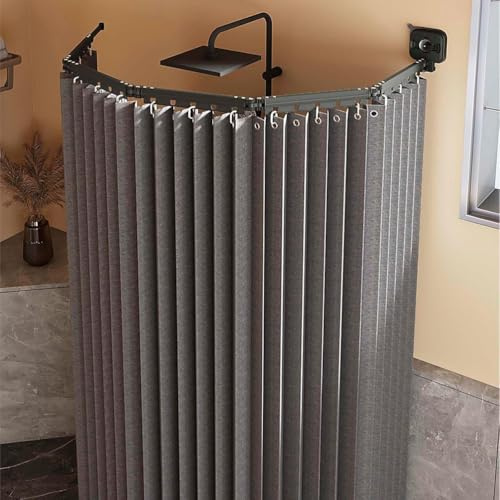 Generico Tenda da Doccia Senza Fori, Tenda da Doccia Pieghevole, Asta per Tenda da Doccia a Forma di L/U con Potente Ventosa, Tende da Doccia Antimuffa Impermeabili/Lavabili,Dark Gray,2 Folds