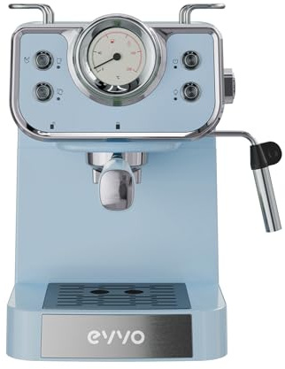 EVVO Cafetera Espresso Intensa Retro Azul - Cafetera Espresso, 15 Bares, 950W, Acero Inoxidable, Brazo Doble, Termo Block, Precalentado Rápido, 1.5L, Vaporizador, Portafiltros