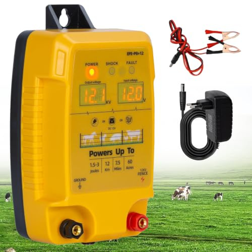 12V Weidezaungerät mit LED Anzeige, 1.5-3 Joule, Wasserdicht Elektrozaun Stromgeber, Reichweite 10 km, Elektrozaungerät für Rinder, Schafe, Geflügel und Vieh